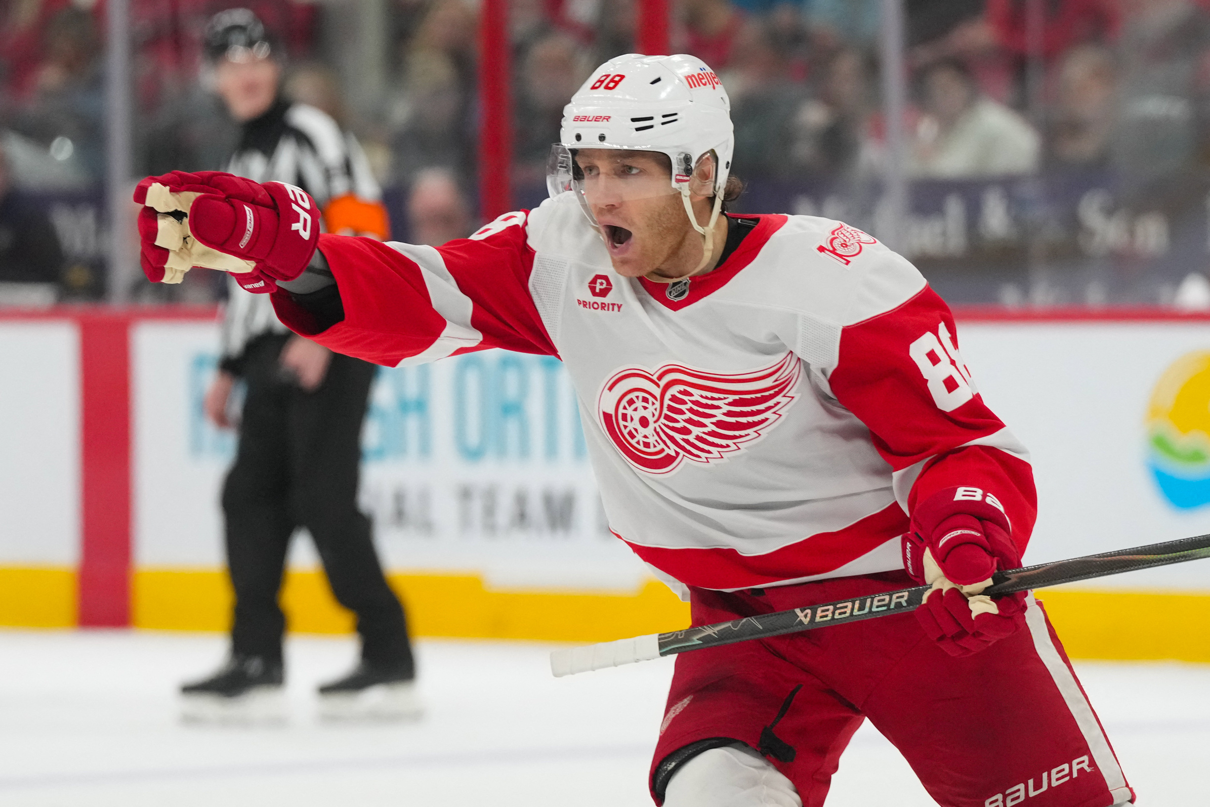 Detroit Red Wings right wing Patrick Kane reacts as we make our best Red Wings vs. Predators prediction.