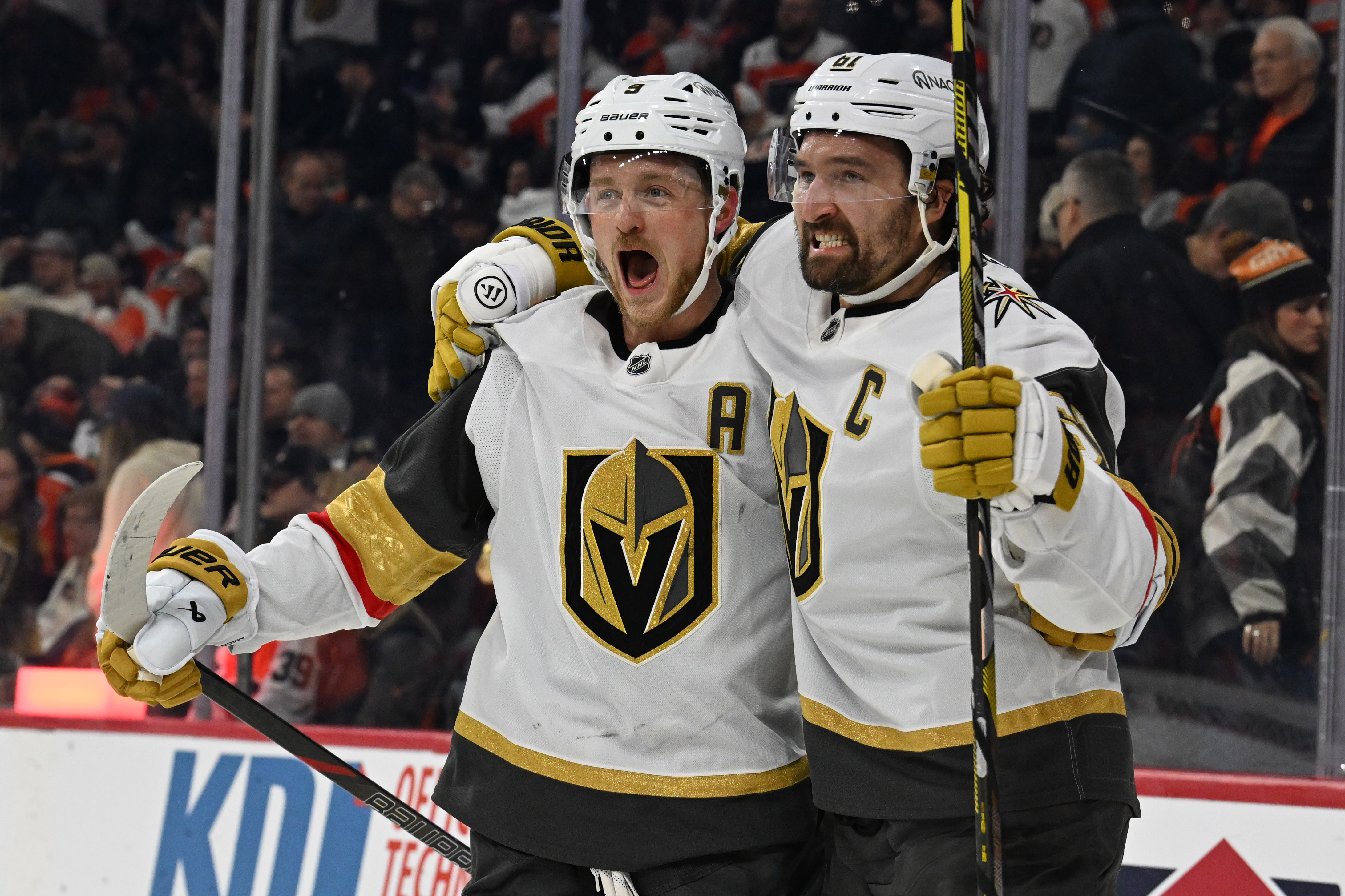 Vegas Golden Knights right wing Mark Stone (61) celebrates his goal with center Jack Eichel (9) as we offer our NHL anytime goal scorer predictions today.