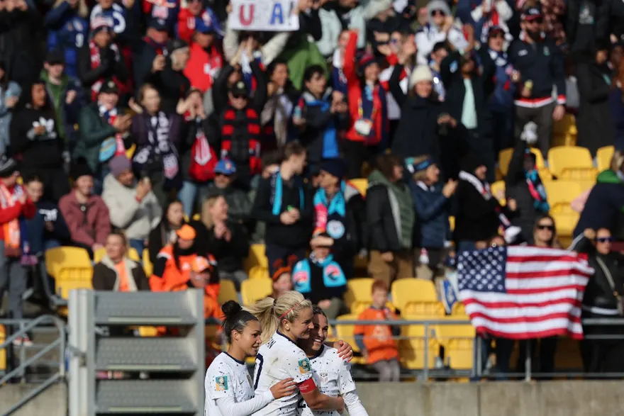 USA's midfielder Lindsey Horan celebrates scoring a goal during the 2023 Women's World Cup Group E football match between the United States and the Netherlands at Wellington Stadium, also known as Sky Stadium, in Wellington. Photo by Marty MELVILLE / AFP.