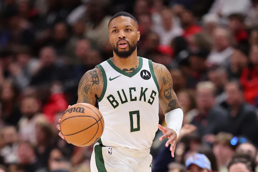 Damian Lillard of the Milwaukee Bucks dribbles up the court against the Chicago Bulls during the first half at the United Center as we look at our Bucks-Lakers NBA player props.