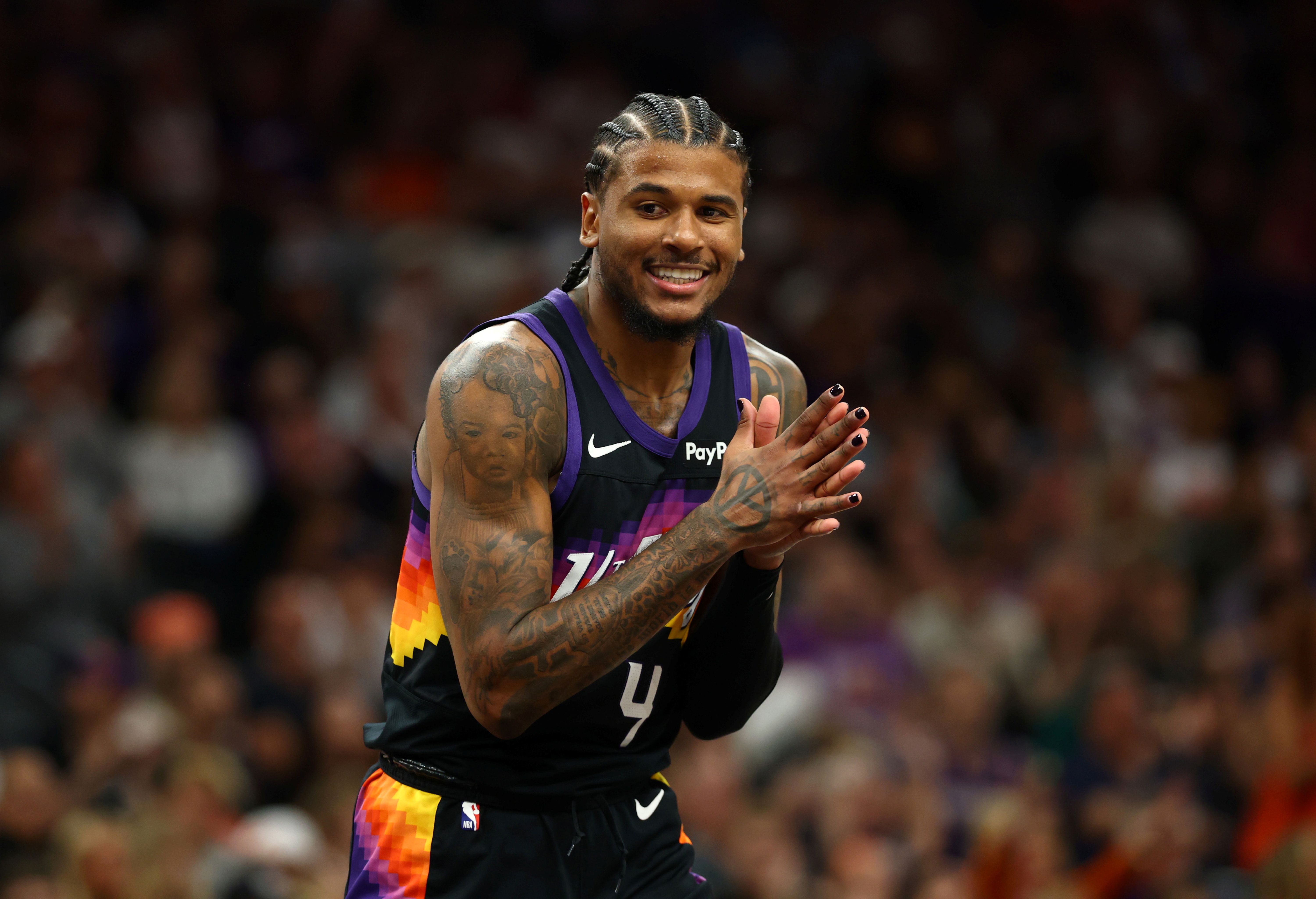 Phoenix Suns guard Jalen Green (4) celebrates, and he's key as we look at our Warriors vs. Suns player props.