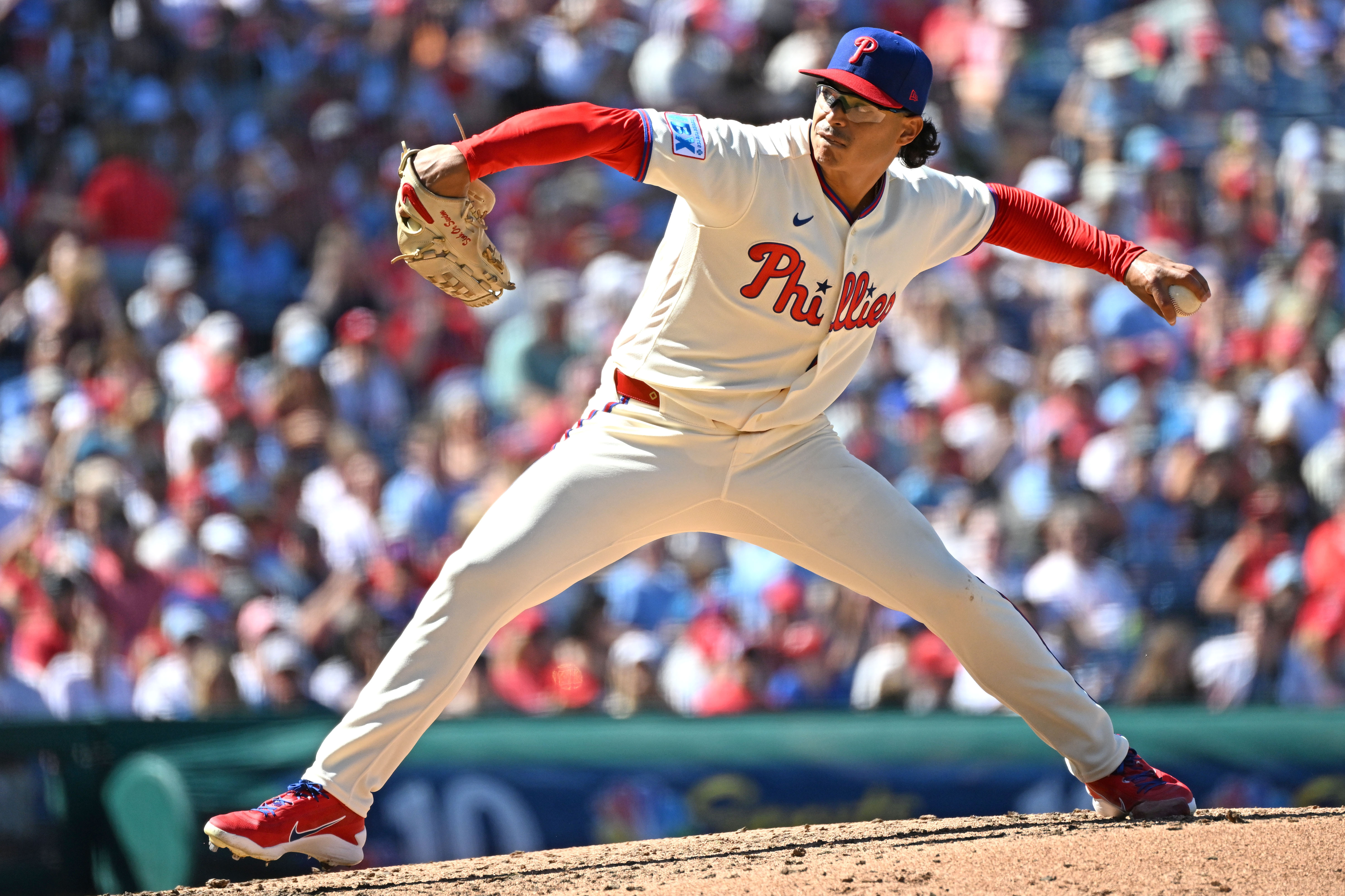 Philadelphia Phillies pitcher Jesús Luzardo (44) throws a pitch as he is featured in our Best NRFI bets today.