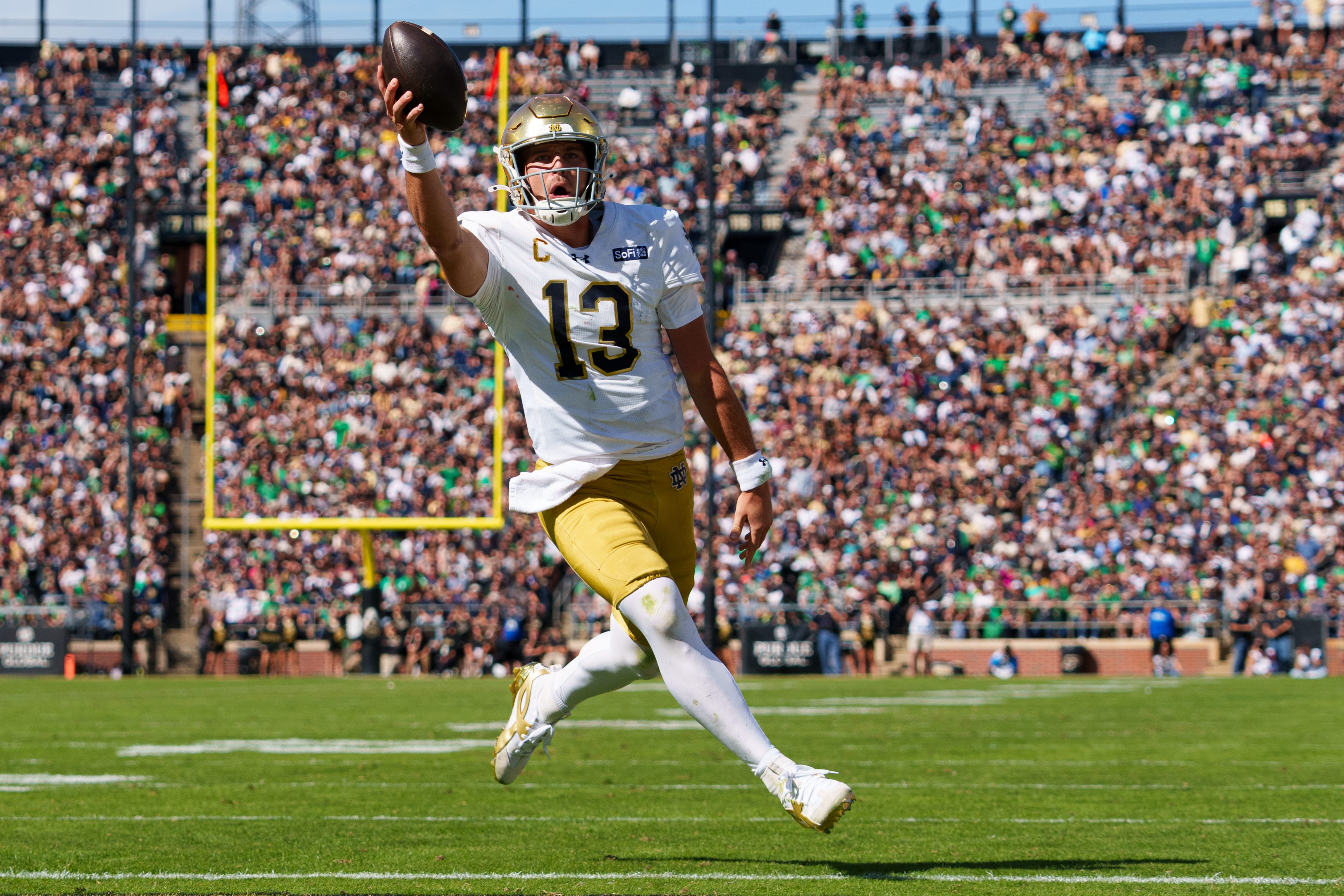 Pictured: Notre Dame quarterback CJ Carr in action as we break down oru College Football Player Props for Week 5. Photo by USA TODAY Network via Reuters Connect. 