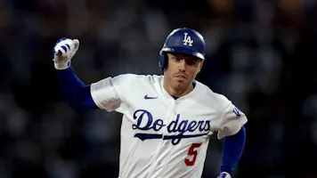 Freddie Freeman of the Los Angeles Dodgers reacts to his two-run home run, to take a 3-0 lead over the San Diego Padres as we look at our 2024 World Series odds.
