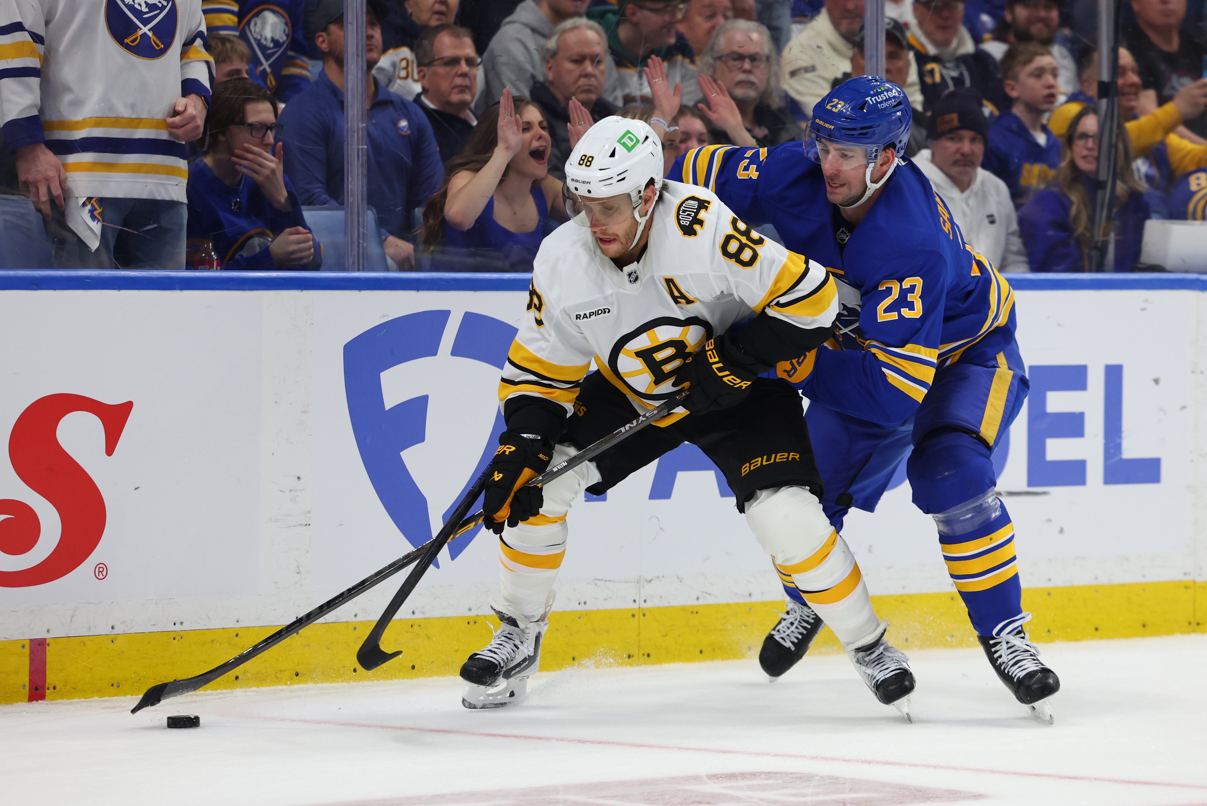 David Pastrnak in action as we provide our Sabres vs. Bruins prediction for today's Game 4. 