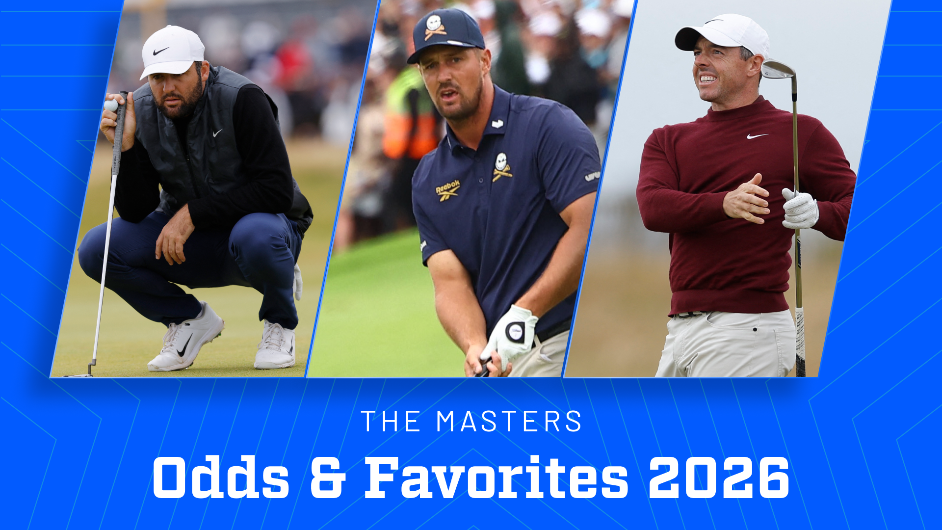 From left to right, Scottie Scheffler, Bryson DeChambeau, and Rory McIlroy as betting favorites by the 2026 Masters odds.