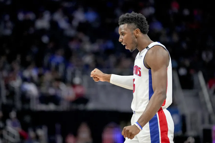 Hamidou Diallo of the Detroit Pistons reacts against the Cleveland Cavaliers. 