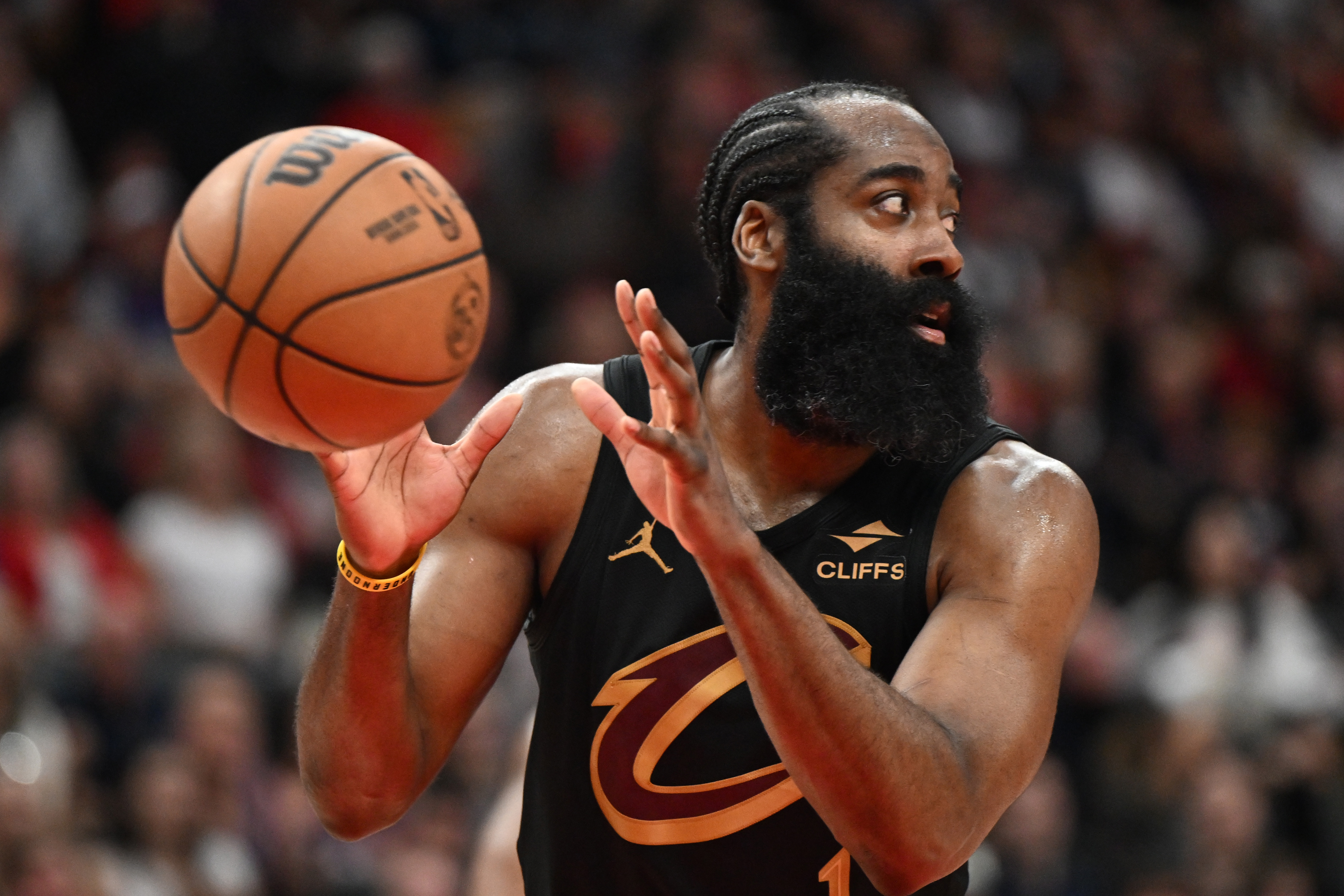Cleveland Cavaliers guard James Harden (1), seen here passing during a game, is featured in our Raptors vs. Cavaliers player props for Game 5 today.