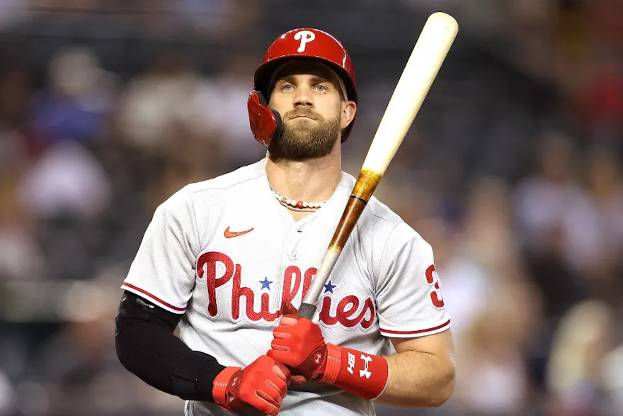 Bryce Harper of the Philadelphia Phillies bats against the Arizona Diamondbacks during the MLB game at Chase Field.