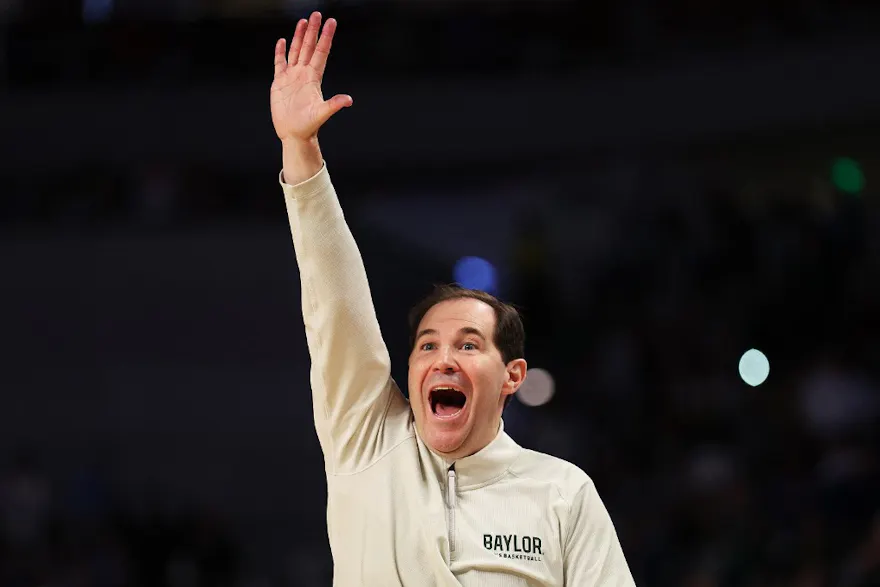 Head coach Scott Drew of the Baylor Bears reacts on the sidelines in the second half of the game against the North Carolina Tar Heels during the second round of the 2022 NCAA Men's Basketball Tournament at Dickies Arena.