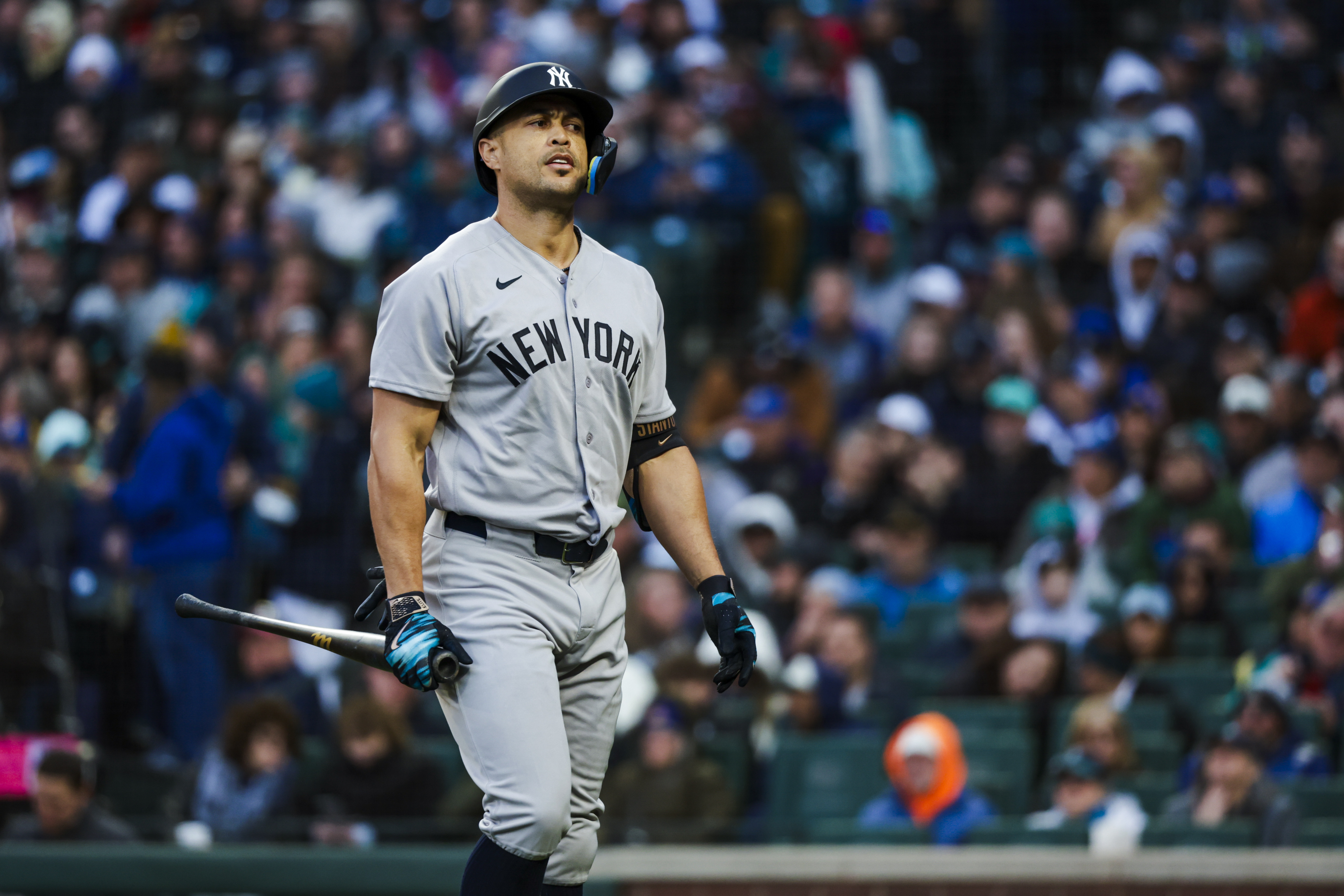 New York Yankees designated hitter Giancarlo Stanton (27) reacts following a strikeout against the Seattle Mariners during the second inning at T-Mobile Park.