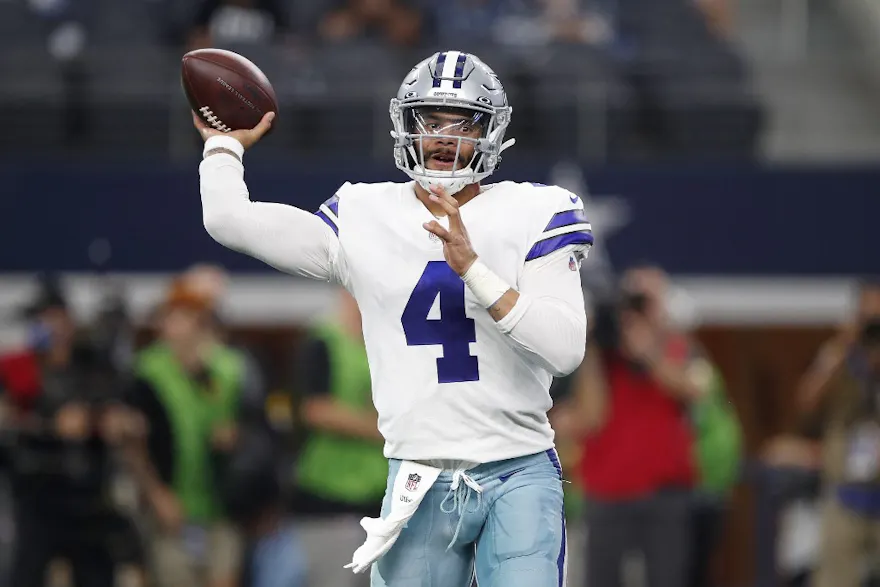 Dallas Cowboys quarterback Dak Prescott throws the ball against the New York Giants at AT&T Stadium on Oct. 10, 2021 in Arlington, Texas.