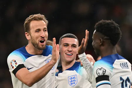 England striker Harry Kane celebrates with teammates after scoring a goal against Malta, and we look at the top Euro 2024 odds.