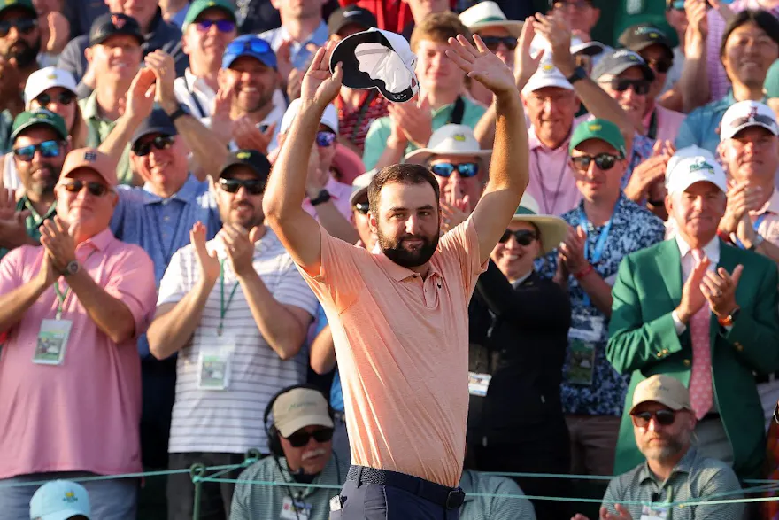 Scottie Scheffler of the United States celebrates on the 18th green as we look ahead to the 2025 Masters odds.