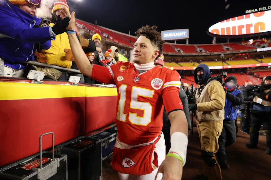 Patrick Mahomes of the Kansas City Chiefs greets fans after defeating the Miami Dolphins 26-7 in the AFC Wild Card Playoffs as we look at our Patrick Mahomes NFL player prop picks.