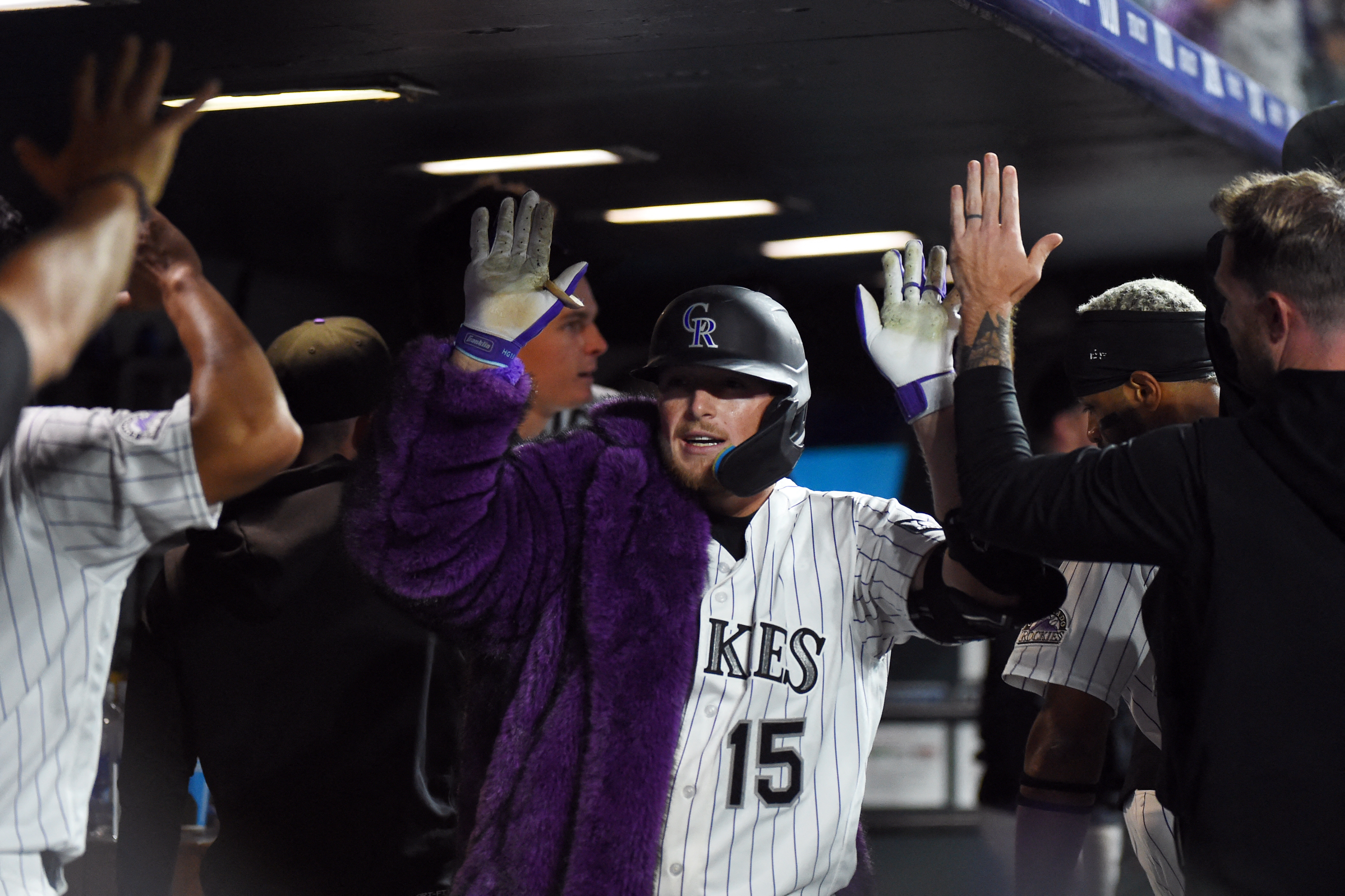 Colorado Rockies catcher Hunter Goodman (15) celebrates as we break down our home run predictions tonight.