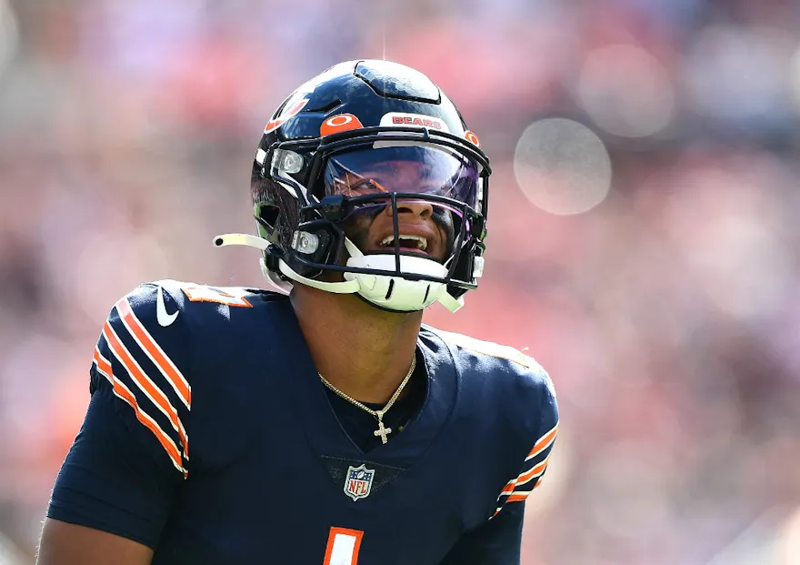 Justin Fields of the Chicago Bears during the second half in the game against the Cleveland Browns at FirstEnergy Stadium on September 26, 2021 in Cleveland, Ohio.