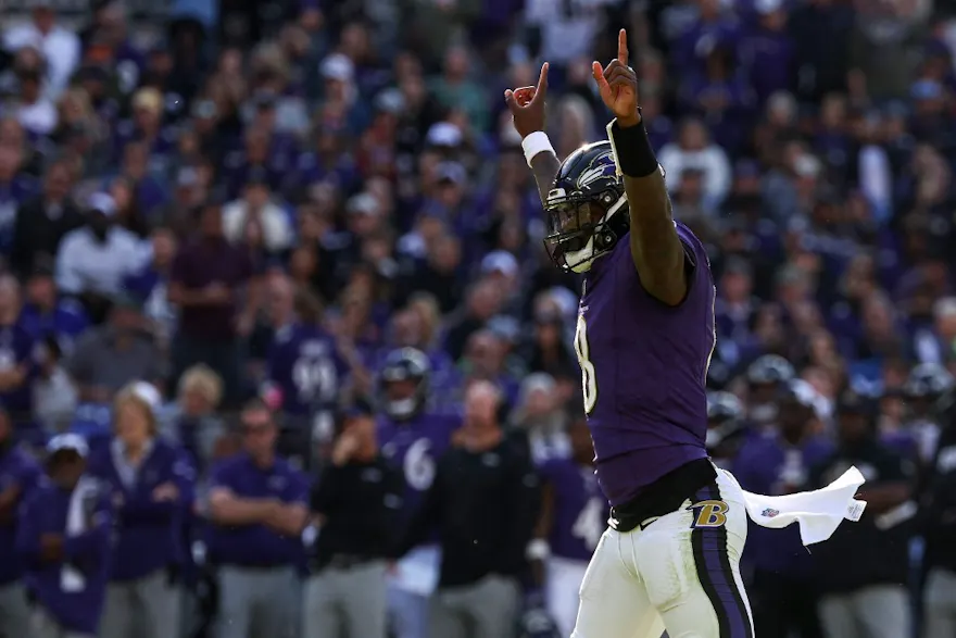 Quarterback Lamar Jackson of the Baltimore Ravens celebrates a touchdown against the Seattle Seahawks, and we offer new U.S. bettors our exclusive bet365 bonus code. 