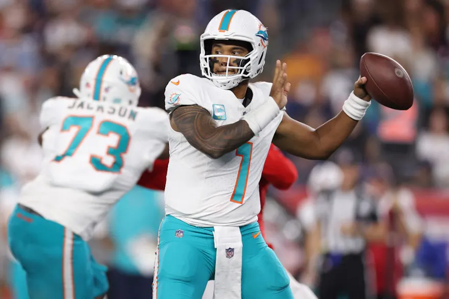 Tua Tagovailoa #1 of the Miami Dolphins throws the ball as we look at the Comeback Player of the Year odds