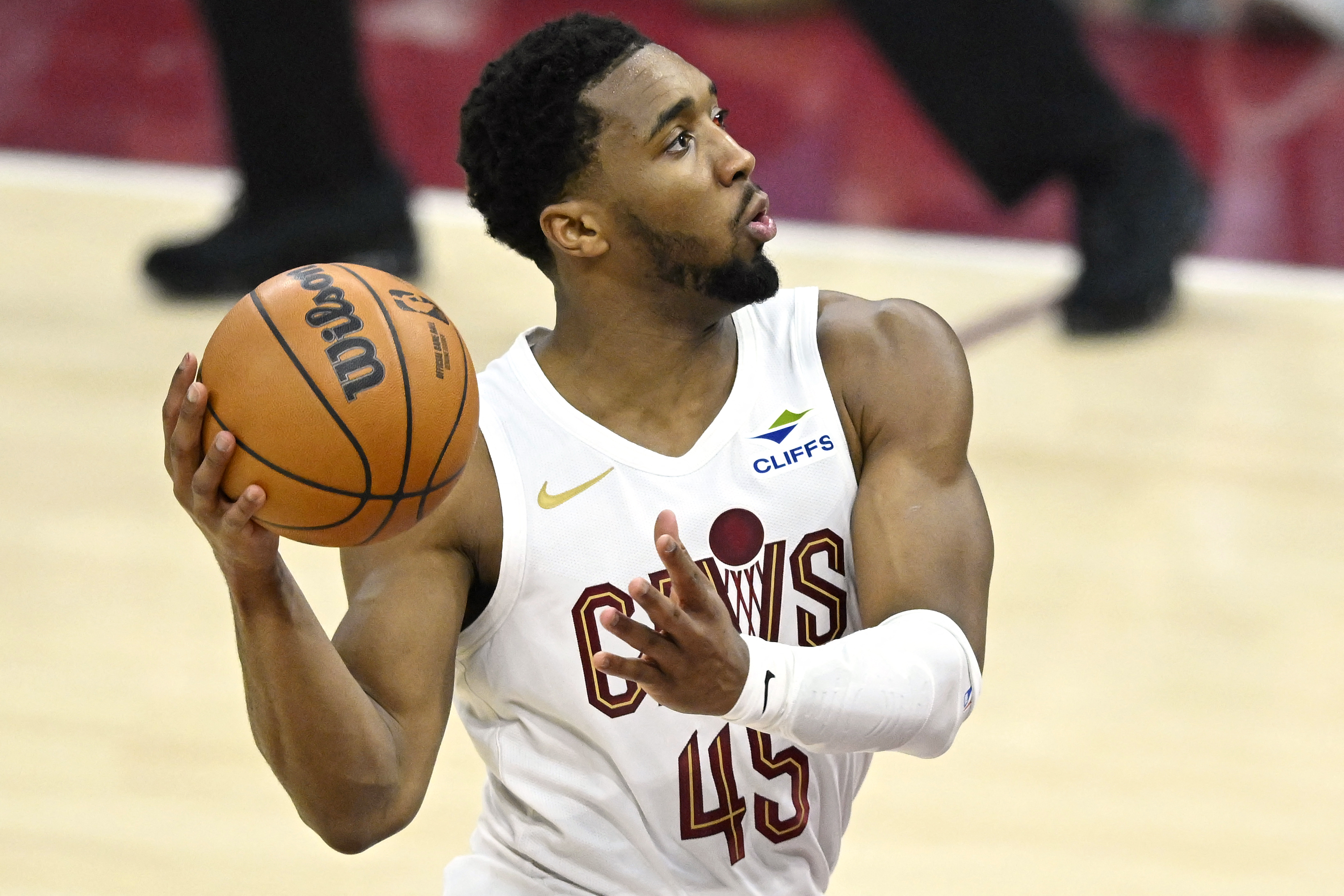 Cleveland Cavaliers guard Donovan Mitchell (45) looks to the basket as we break down the Raptors vs. Cavaliers player props for Game 7 today.