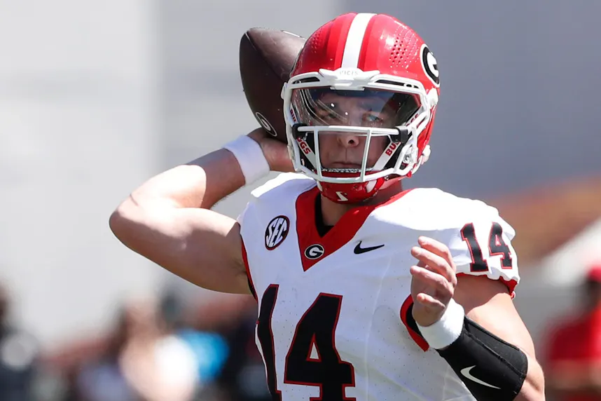 Georgia quarterback Gunner Stockton throws a pass as we make our best Georgia vs. Notre Dame Sugar Bowl prediction.