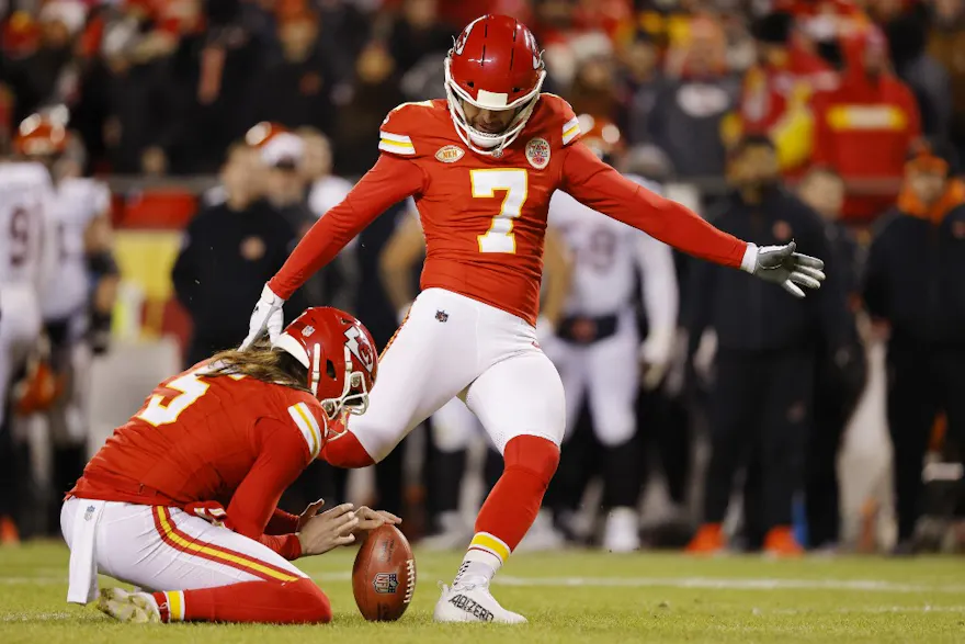 Harrison Butker #7 of the Kansas City Chiefs kicks a field goal as we look at our best Chiefs vs. Ravens AFC Championship prediction