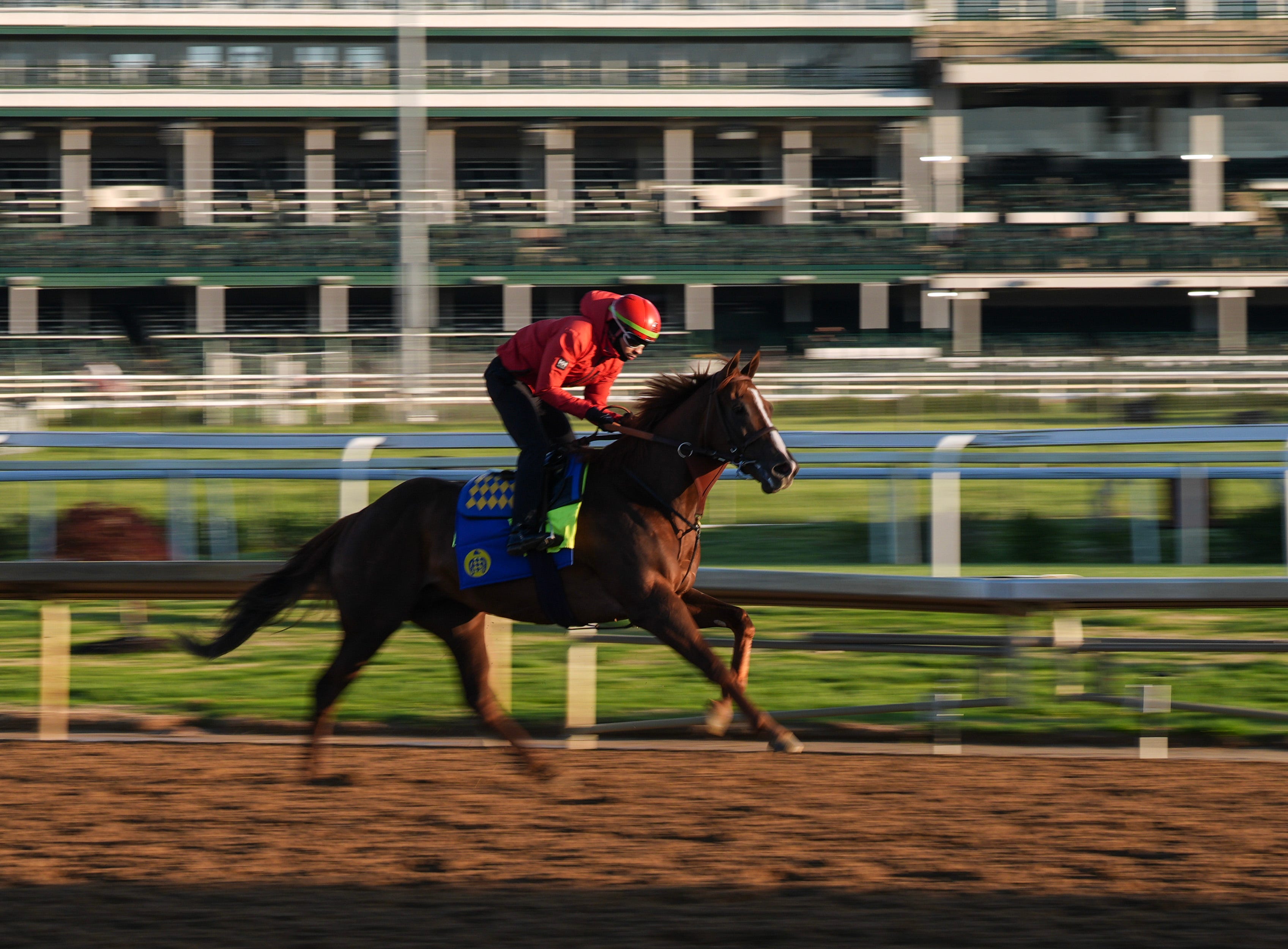 Horses training on the track at Churchill Downs during 2026 Kentucky Derby week.