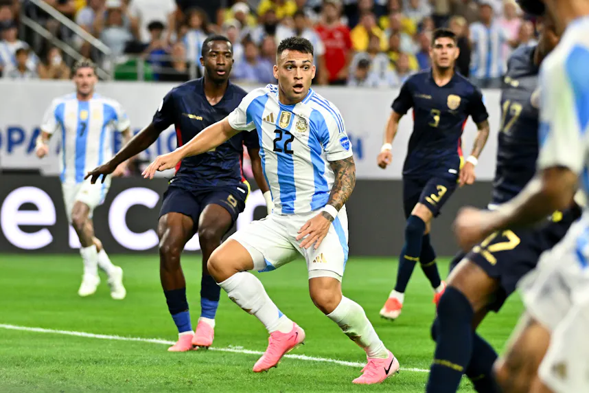 Argentina's striker Lautaro Martinez in action during the first half against Ecuador in a Copa America quarterfinal soccer match at NRG Stadium. We're backing Martinez in our Argentina vs. Canada Player Props.