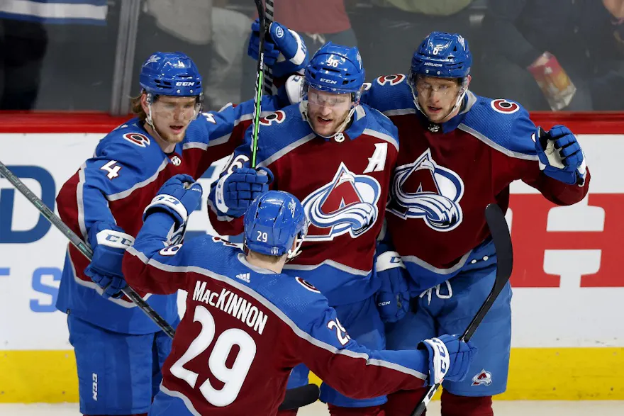 Mikko Rantanen of the Colorado Avalanche celebrates with his teammates Bowen Byram, Erik Johnson, and Nathan MacKinnon after scoring a goal against the Edmonton Oilers during the second period in Game 1 of the Western Conference Final.
