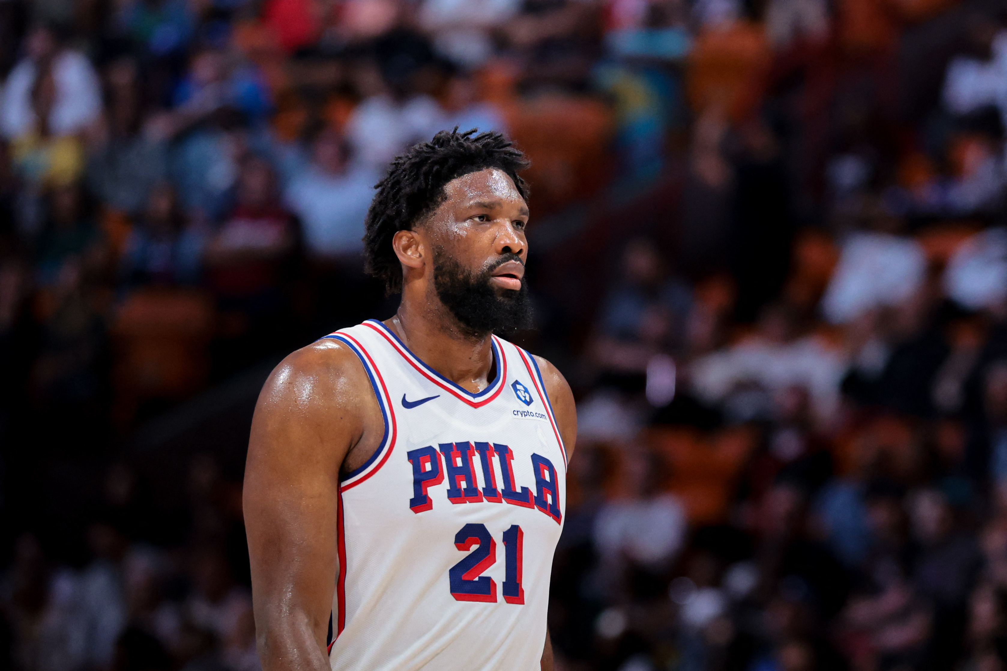 Philadelphia 76ers center Joel Embiid (21) looks on as we break down our Celtics vs. 76ers player props for Game 6 tonight.