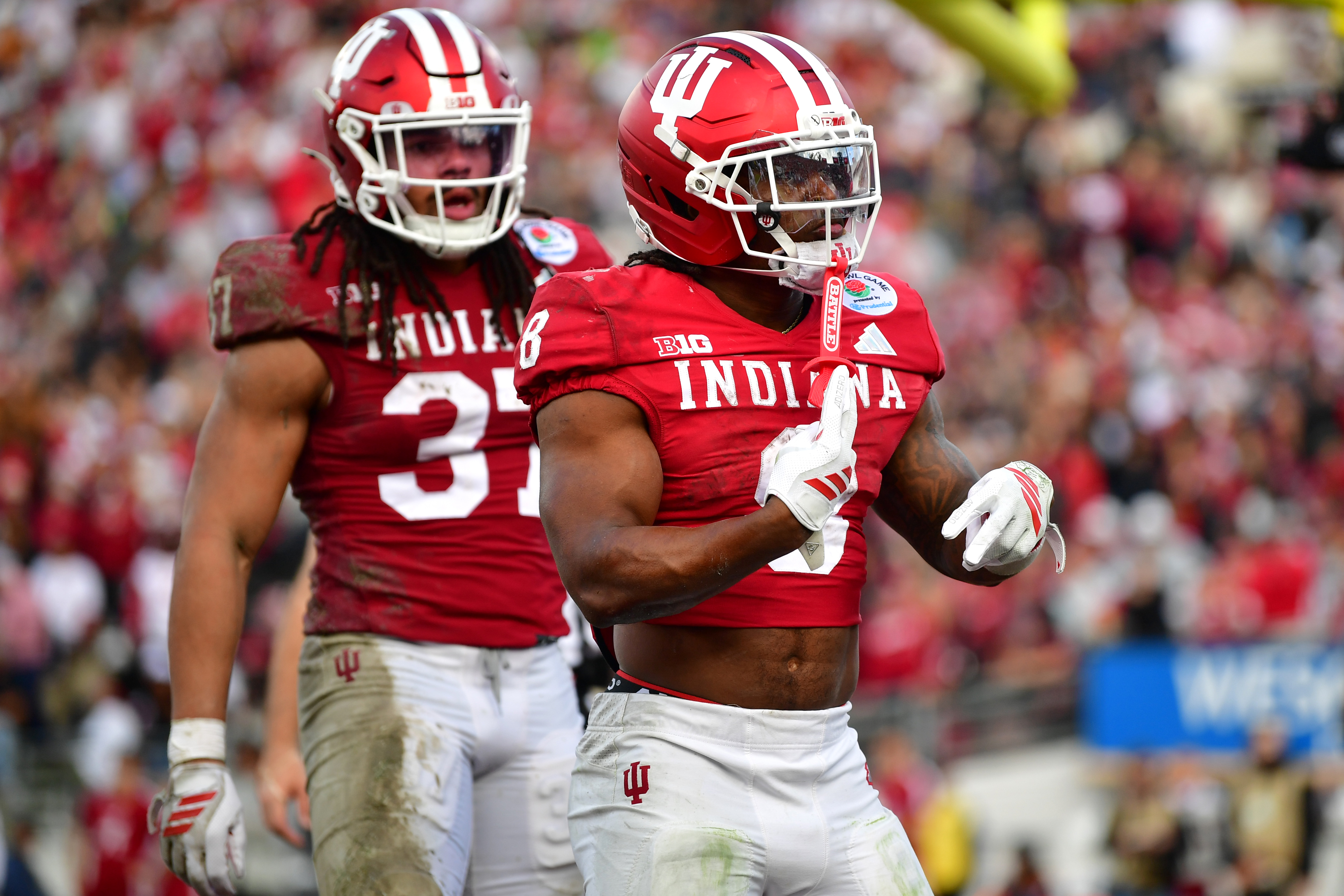 Indiana Hoosiers running back Kaelon Black celebrates after scoring a touchdown as we offer our best Oregon vs. Indiana predictions and early picks.