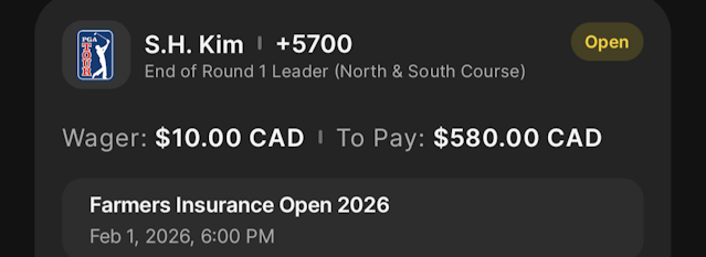 A screenshot of a bet slip for S.H. Kim to be the first-round leader of the Farmers Insurance Open.