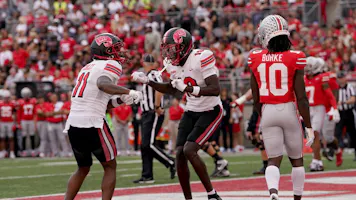 Malachi Corley #11 and Javy Bunton #19 of the Western Kentucky Hilltoppers celebrate as we look at our BetMGM bonus code for Middle Tennessee vs. Western Kentucky