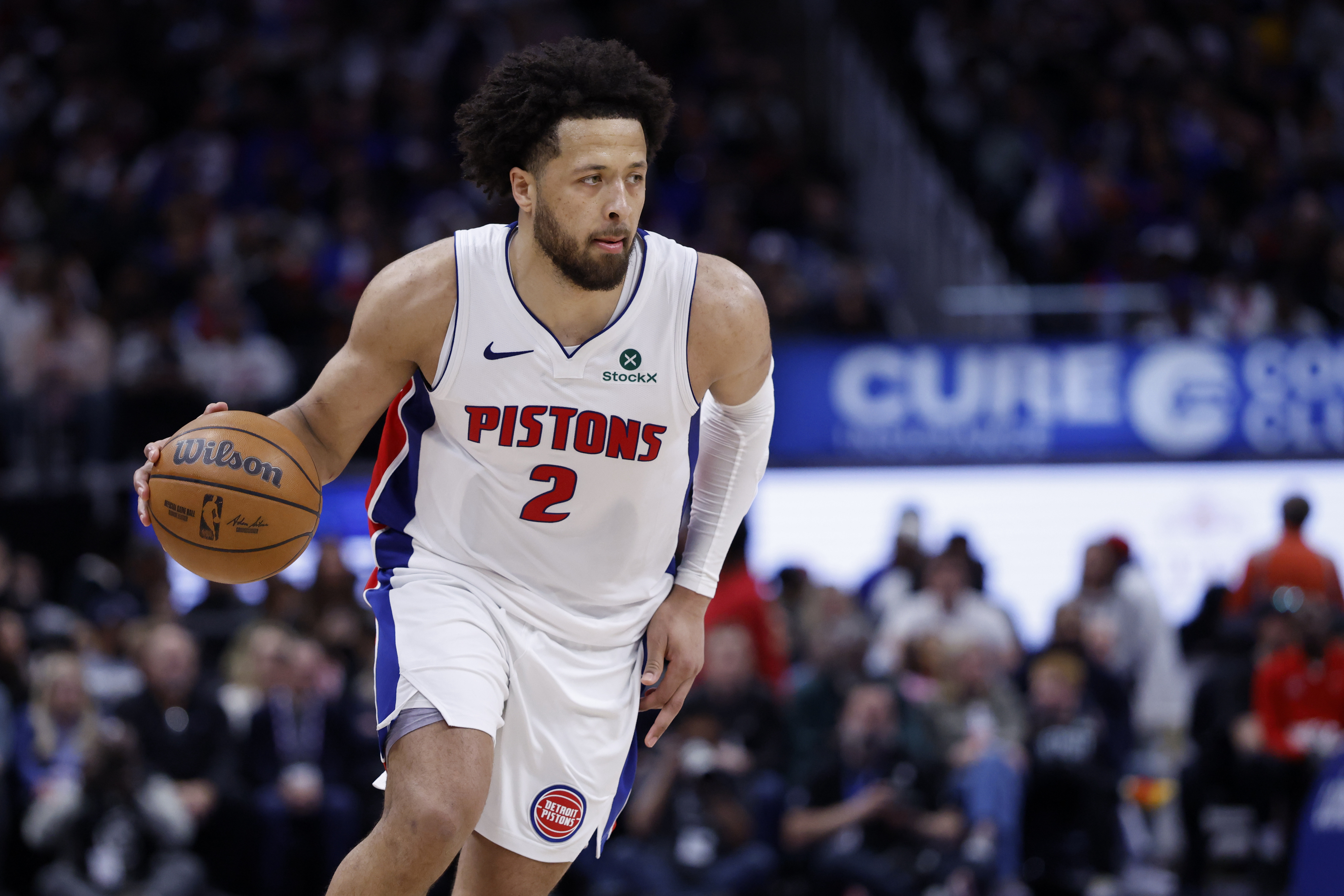 Detroit Pistons guard Cade Cunningham (2) dribbles the basketball as we provide our Pistons vs. Magic player props today for Game 6.