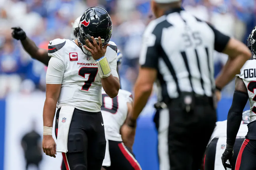 Houston Texans quarterback C.J. Stroud reacts after a false start call as we look at our best C.J. Stroud player props for Bears vs. Texans Sunday Night Football.