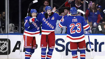 Mika Zibanejad of the New York Rangers celebrates his powerplay goal at 5:26 of the third period against the Los Angeles Kings.