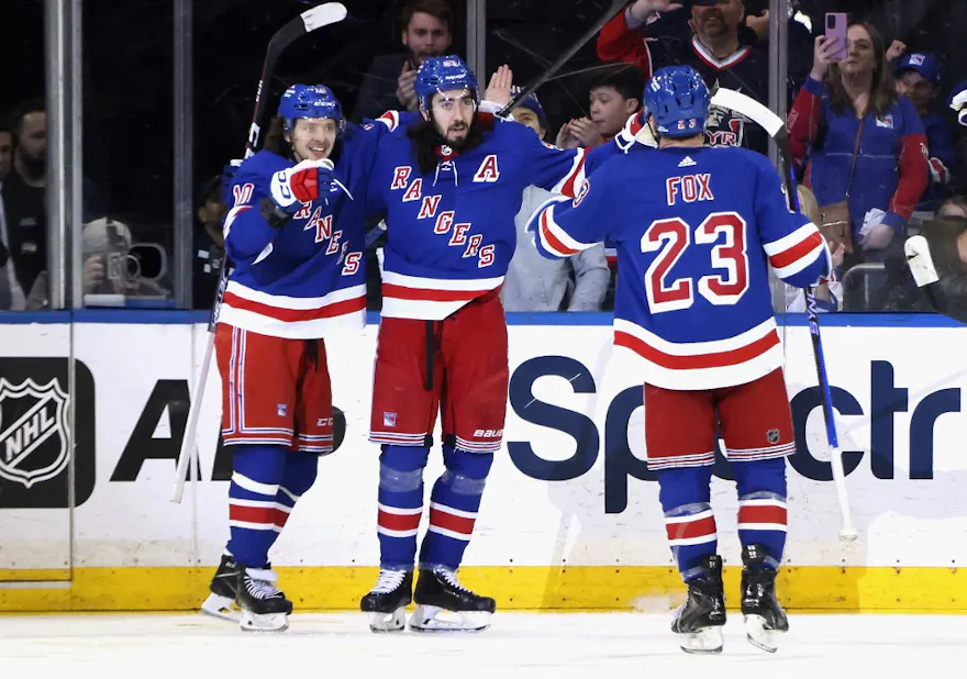 Mika Zibanejad of the New York Rangers celebrates his powerplay goal at 5:26 of the third period against the Los Angeles Kings.