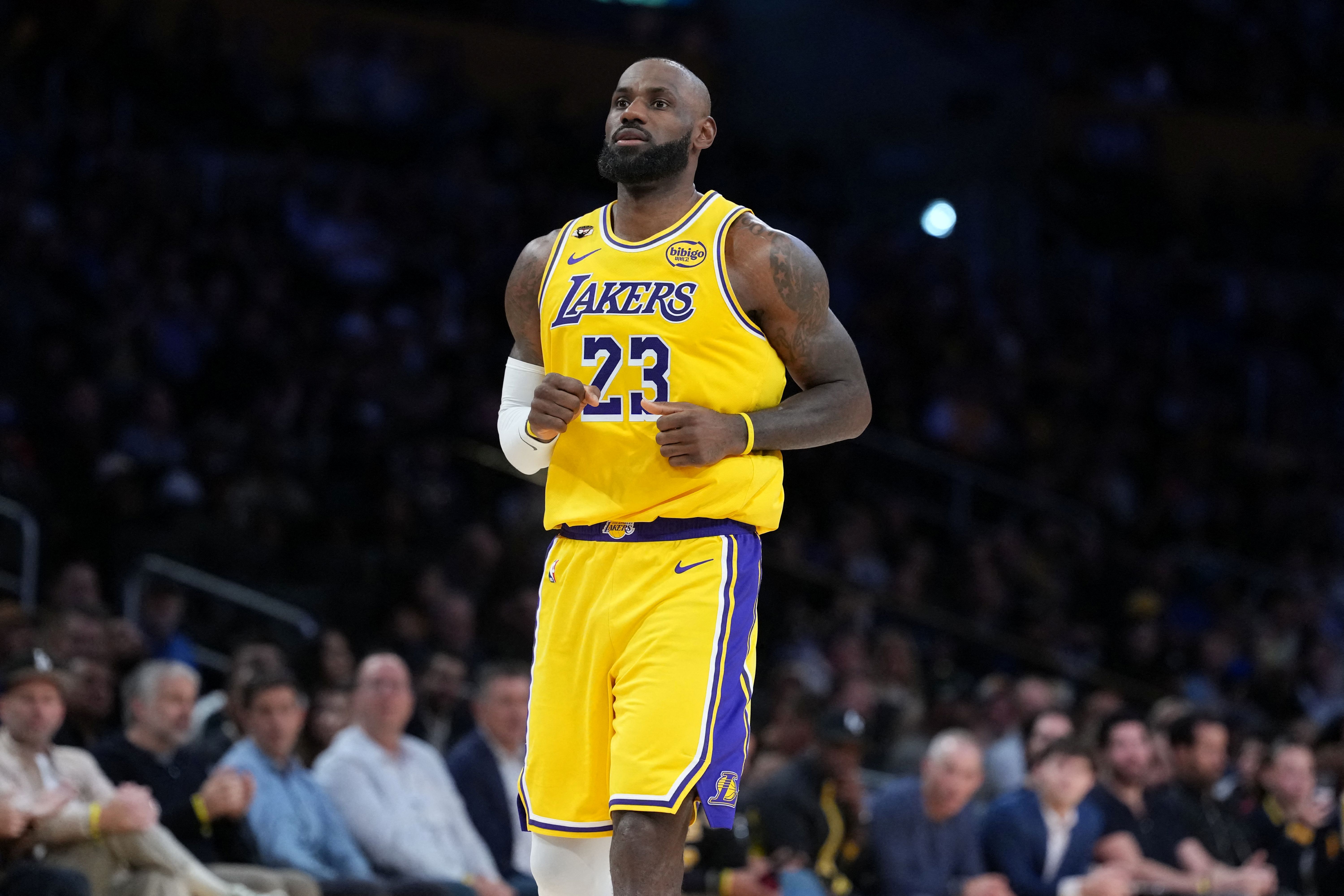Los Angeles Lakers forward LeBron James (23), seen here reacting, is featured in our Lakers vs. Trail Blazers player props and best bets today.
