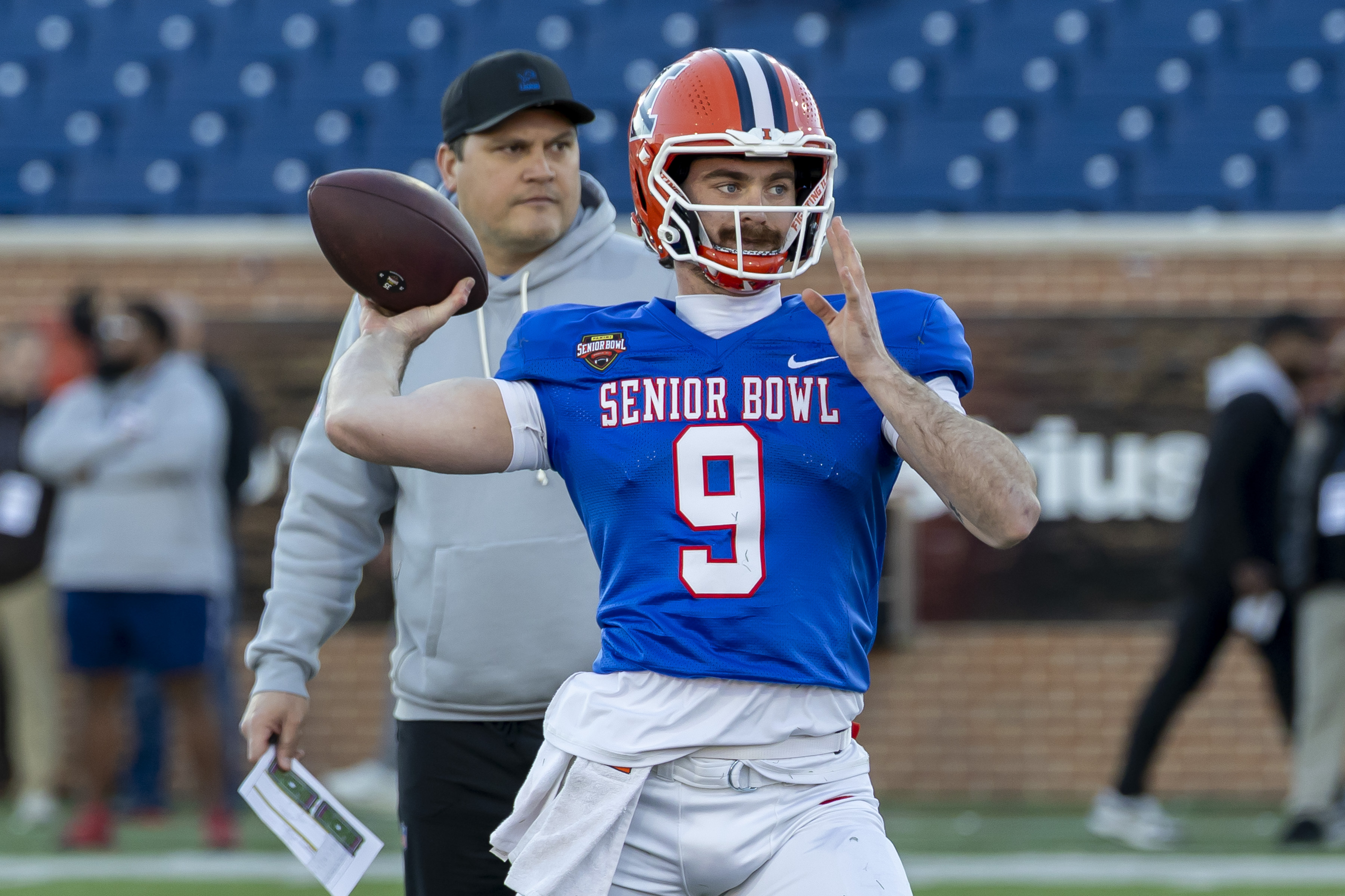 Illinois QB Luke Altmyer is key to our 2026 Senior Bowl predictions and is among the NFL draft stock risers from practice week. 
