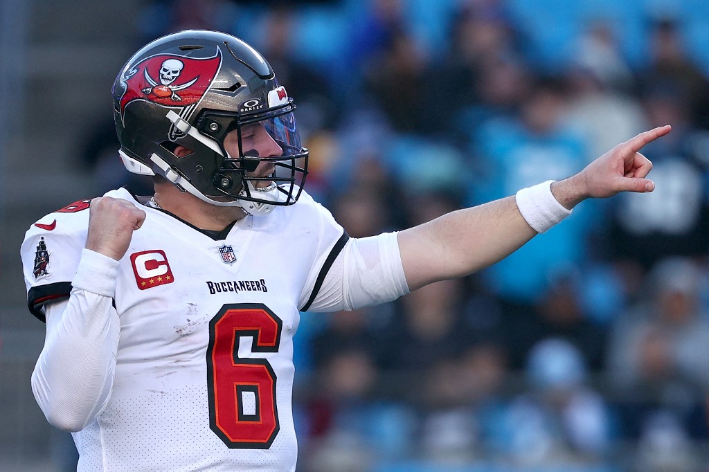 Baker Mayfield of the Tampa Bay Buccaneers reacts during the fourth quarter against the Carolina Panthers, and we offer our top Eagles vs. Buccaneers prediction based on the best NFL odds.