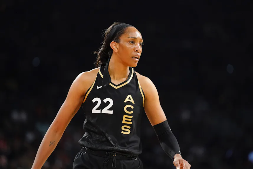 Las Vegas Aces forward Aja Wilson (22) competes as we offer our bext Lynx vs. Aces prediction and expert picks for Tuesday's WNBA matchup at Michelob ULTRA Arena in Paradise, Nev.