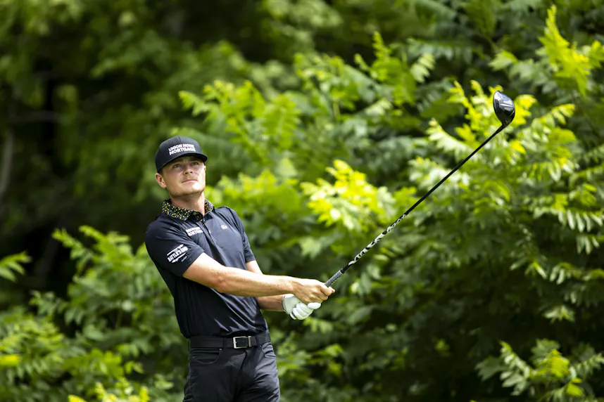 Luke Clanton reacts after hitting his tee shot as we look at the ISCO Championship odds and our expert picks