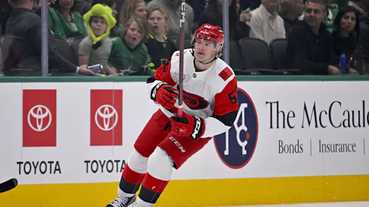 Carolina Hurricanes right wing Jackson Blake (53) skates as we make our best Golden Knights vs. Hurricanes player props.