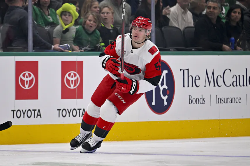 Carolina Hurricanes right wing Jackson Blake (53) skates as we make our best Golden Knights vs. Hurricanes player props.