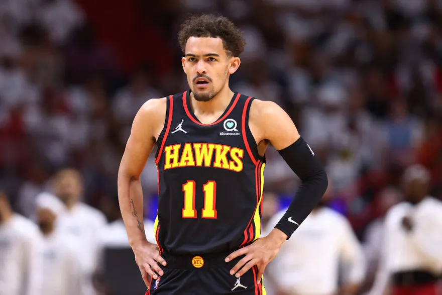 Trae Young of the Atlanta Hawks looks on as we share our best Hawks-76ers bonus code.