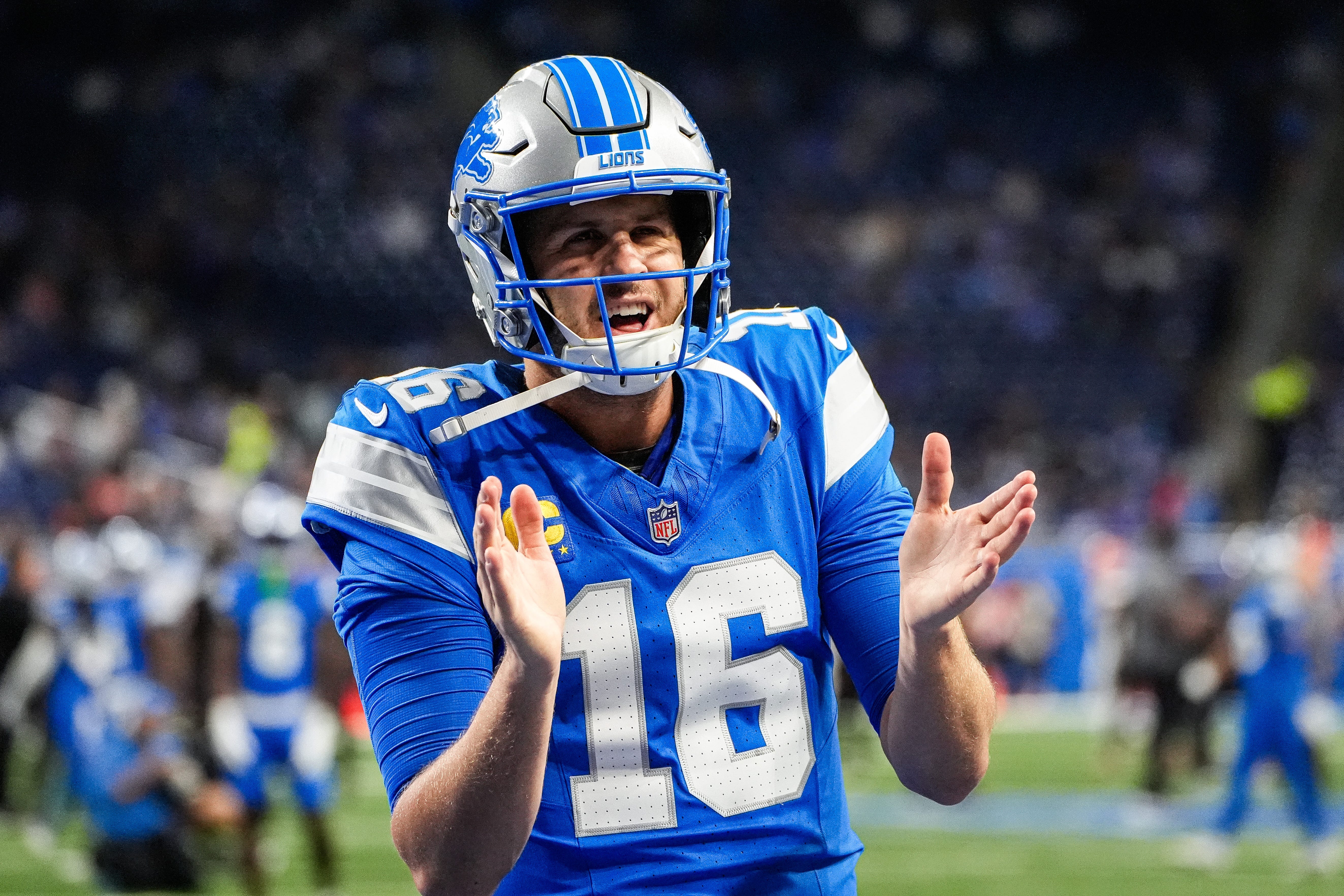 Detroit Lions quarterback Jared Goff claps as we break down our Saints vs. Lions prediction.