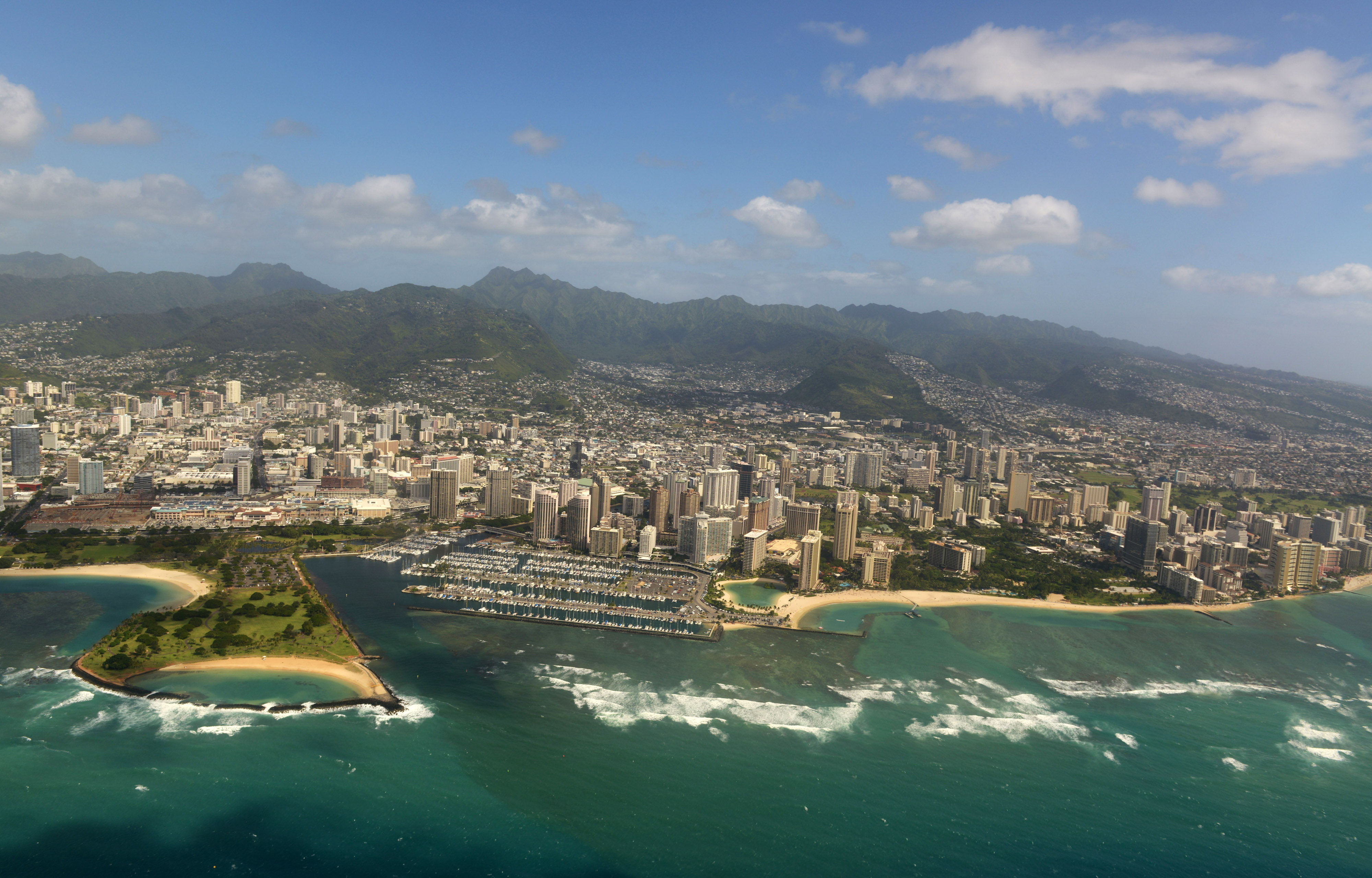 Aerial view of the Waikiki Beach and Honolulu skyline and Ala Moana beach park as we break down our our 10 cities we'd like to see host the Super Bowl.