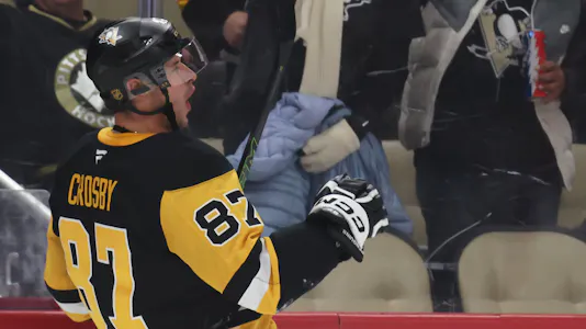 Pictured: Sidney Crosby, featured in our NHL player props, celebrates his goal against St. Louis. Photo by Charles LeClaire via Imagn Images