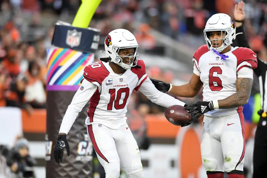 DeAndre Hopkins of the Arizona Cardinals celebrates a touchdown with teammate James Conner during the third quarter against the Cleveland Browns.