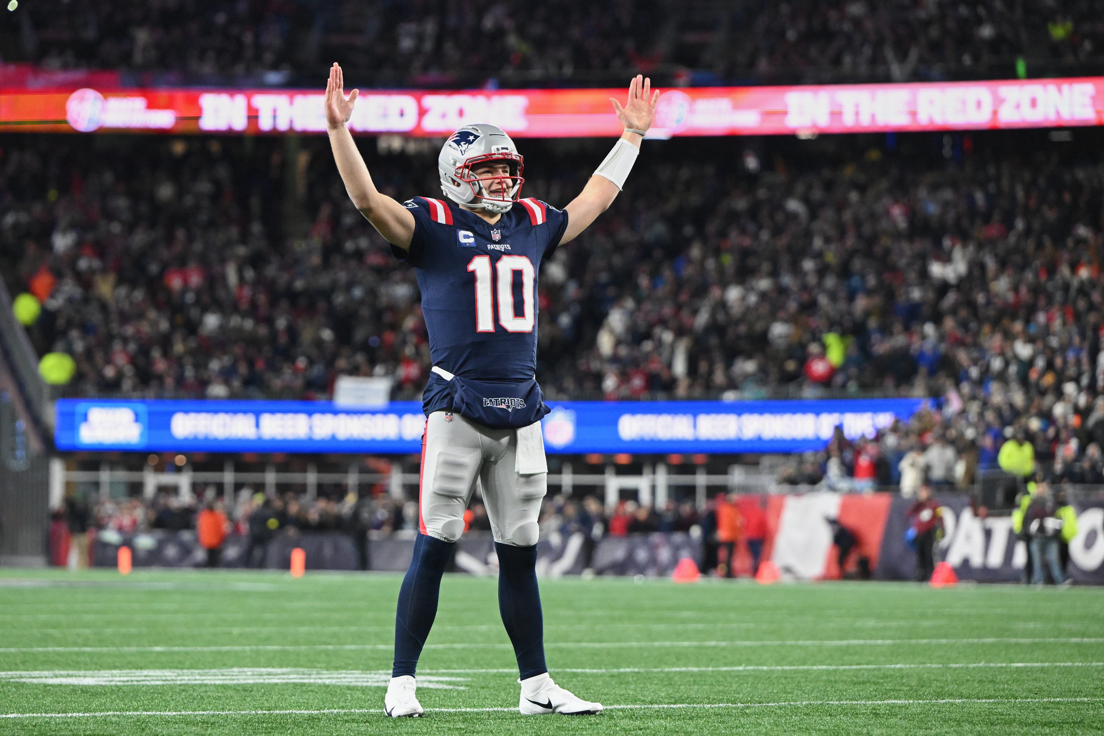 New England Patriots quarterback Drake Maye - who's featured in my Super Bowl player props - reacts to a Patriots touchdown. 